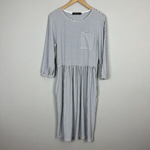 Merokeety Midi Dress Womens Large Black White Stripe 3/4 Sleeve Pockets Stretch